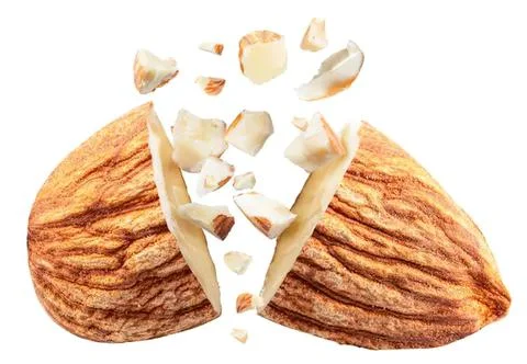 Almonds with shells and pieces on a white background Stock Photos