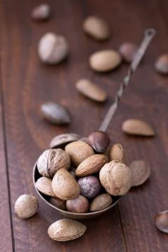 Almonds, walnuts and hazelnuts in metallic bowl 写真素材