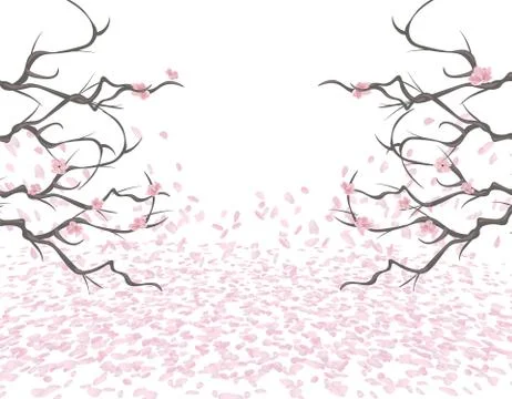 Almost bare branches of a pink cherry on both sides of the picture. Sakura... Stock Illustration