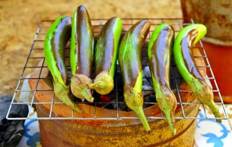 Almost done eggplants grilled Stock Photos