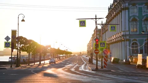 Almost empty crosswalk at sunrise Stock Footage 218092832