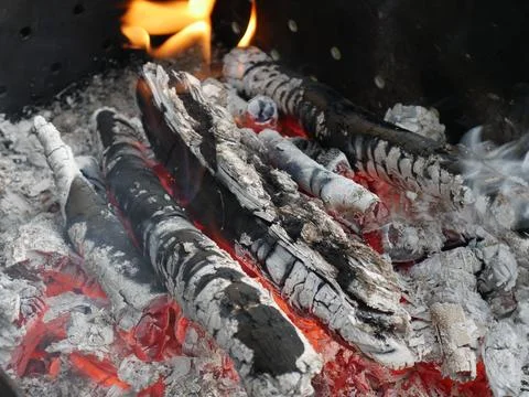 Almost extinguished fire left over from cooking on the fire. Summer day. Stock-Fotos