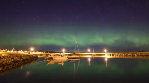 Alnes harbour with Norhern lights Stock Footage 87768710