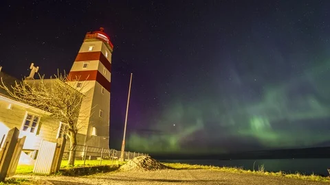 Alnes lighthouse with Northern Lights Stock Footage 87768838