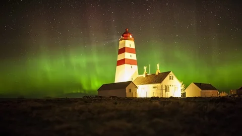 Alnes Ligthouse with Norhern Lights Stock Footage 87781650