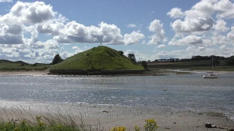 Alnmouith River Aln Beach clouds church Stock Footage 79989148