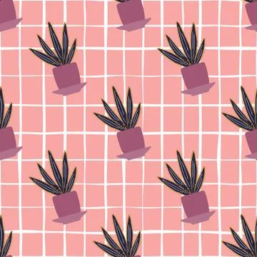Aloe cactus in pot seamless pattern on pink stripes background. Houseplant ca Stock Illustration