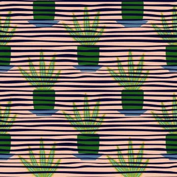 Aloe cactus in pot seamless pattern on stripes background. Houseplant cacti w Illustrazione stock