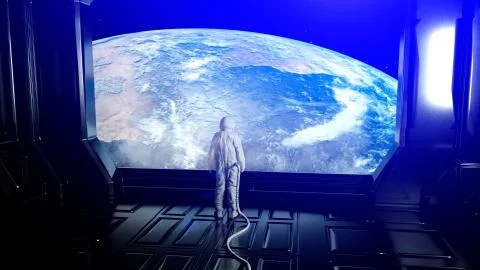 Alone astronaut in futuristic interior. Sci fi room view of the earth. 3d ren Stock Illustration