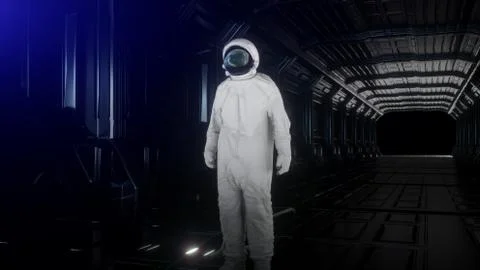 Alone astronaut in futuristic interior. Sci fi room view of the earth. 3d ren Stock Illustration