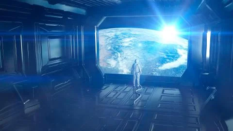 Alone astronaut in futuristic interior. Sci fi room view of the earth. 3d ren Stock Photos