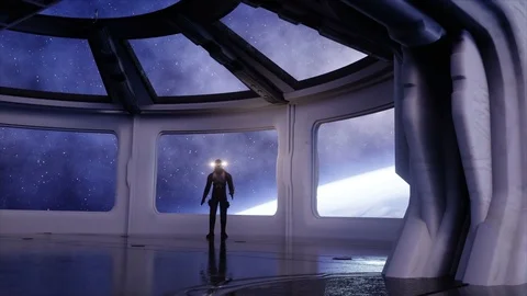 Alone astronaut in futuristic space corridor, room. view of the earth. Видео 71367988