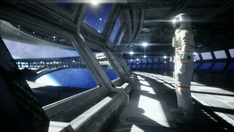 Alone astronaut in futuristic space corridor, room. view of the earth. cinematic Stockbeeldmateriaal 110963184