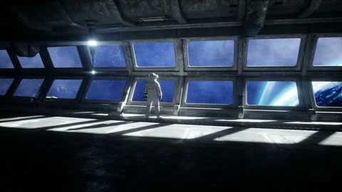 Alone astronaut in futuristic space corridor, room. view of the earth. cinematic Stockbeeldmateriaal 110963313
