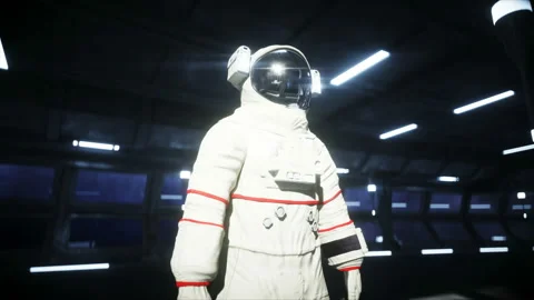 Alone astronaut in futuristic space corridor, room. view of the earth. cinematic 스톡 동영상 110964697