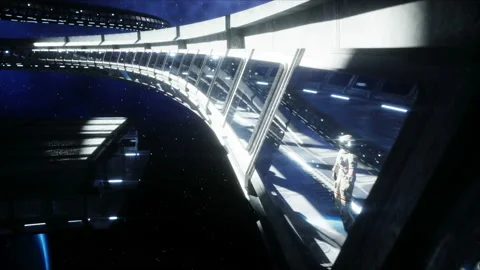 Alone astronaut in futuristic space corridor, room. view of the earth. cinematic 스톡 동영상 110965423