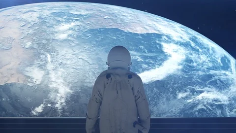 Alone astronaut in futuristic space corridor, room. View of the earth. 4K Stock Footage 113064945