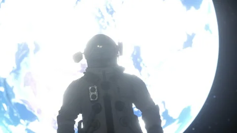 Alone astronaut stands on the surface of the moon against the backdrop of the Stock Footage 155813497