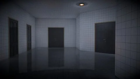 Alone in the backrooms liminal space 3d render Illustrazione stock