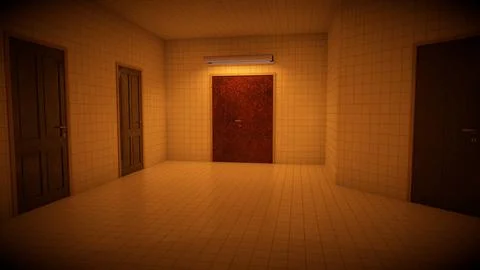 Alone in the backrooms liminal space 3d render Illustrazione stock