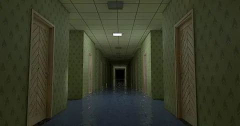 Alone in the backrooms liminal space 3d render Stock Illustration