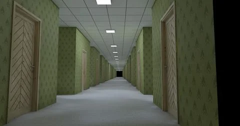 Alone in the backrooms liminal space 3d render Illustrazione stock