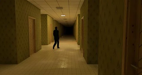 Alone in the backrooms liminal space 3d render Stock Illustration