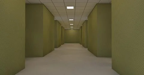 Alone in the backrooms liminal space 3d render Illustrazione stock