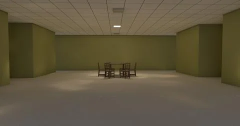Alone in the backrooms liminal space 3d render Illustrazione stock