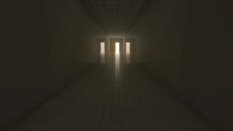 Alone in the backrooms liminal space 3d render Illustrazione stock