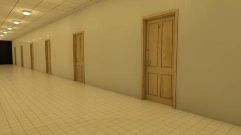 Alone in the backrooms liminal space 3d render Illustrazione stock