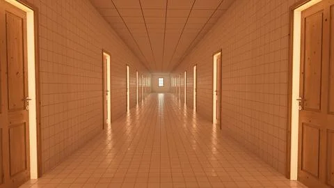 Alone in the backrooms liminal space 3d render Stock Illustration