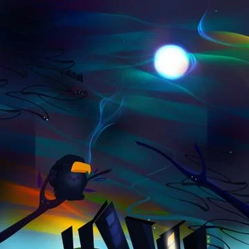 Alone Crow on Tree Branch at Cold Night Иллюстрация