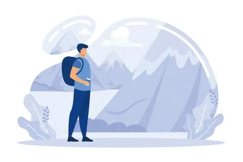 Alone at the fresh air. Vector illustration of young cartoon brunette hikin.. Illustrazione stock