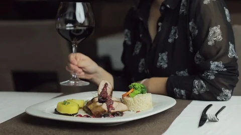 Alone Girl Holding Wine In Fancy Dinner Restaurant Stock Footage