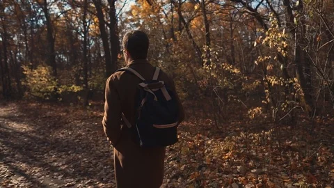 Alone handsome man is going through forest in autumn day, camera moving around Stock Footage 99840633
