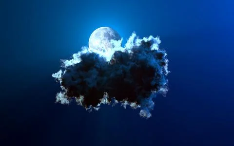Alone large blue cloud and moon , digital nature 3D illustration Stock Illustration