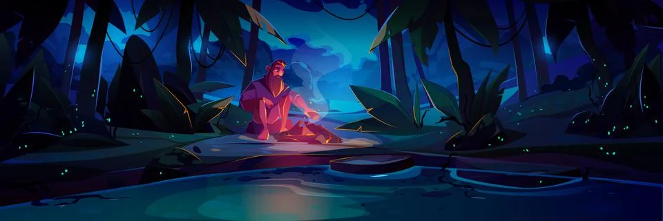 Alone lost man with campfire in jungle at night Stock Illustration