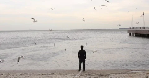 Alone man looking at Caspian sea Stock Footage 124409013
