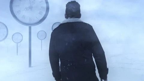 Alone Man in Silent World Snow &amp; Surreal Clocks - Stock Video Stock Footage 203794182