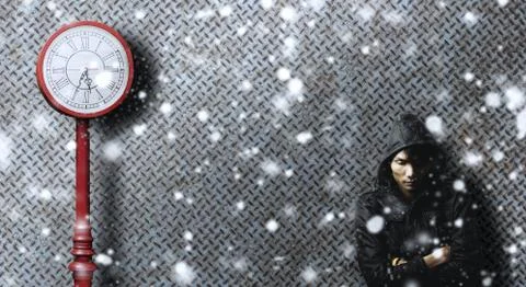 Alone man waiting for some one in sad emotion among snow drop Stock Photos