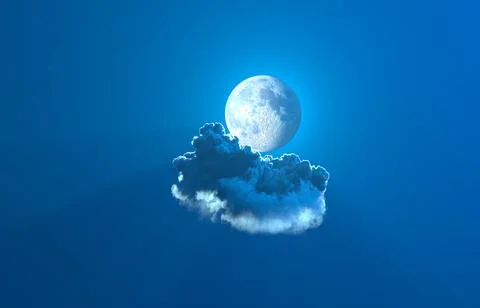 Alone night cumulus cloud with moon - digital nature 3D rendering Illustrazione stock