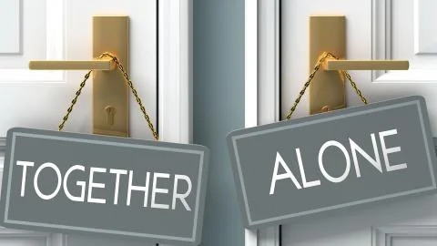 Alone or together as a choice in life - pictured as words together, alone on  Stock Illustration