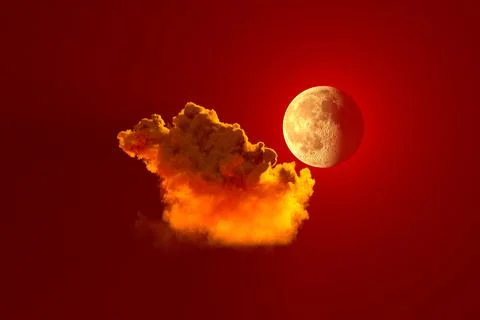Alone red cumulus cloud with moon - cg nature 3D rendering Stock Illustration