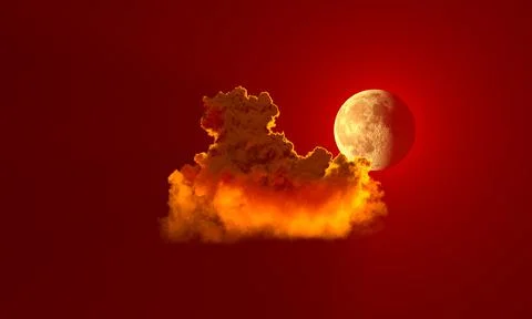 Alone red cumulus cloud with moon - nature 3D illustration Stock Illustration