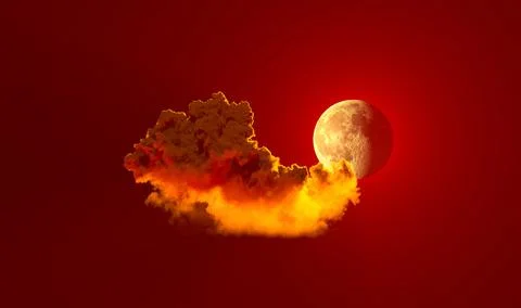 Alone red cumulus cloud with moon , digital nature 3D illustration 스톡 일러스트