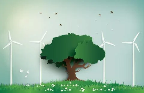Alone tree on the field with wind mill Stock Illustration