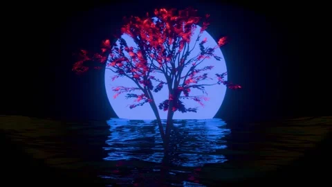 Alone tree at night in wavy ocean loop animated Stock Footage 311521932