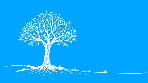 Alone tree silhouette design. Roots branches reach sky. Nature icon logo symbol Stock Illustration