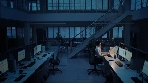 Alone Working Late at Night in the Office: Businesswoman Using Desktop Computer 動画素材 106535624